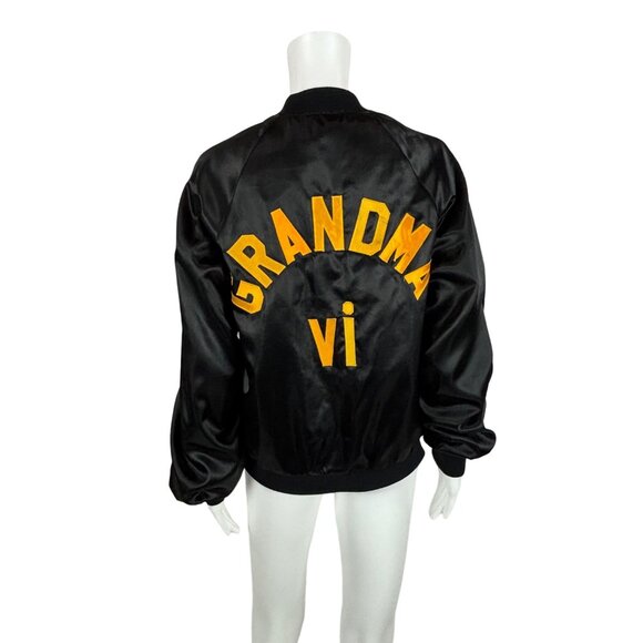 Vintage Jackets & Blazers - Vintage 80s Satin Bomber Women's Small Grandma VI Lettered Black Button Up Jacke